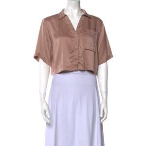 Lunya Womens Washable Silk Cropped Button Up Shirt Short Sleeve Brown Large